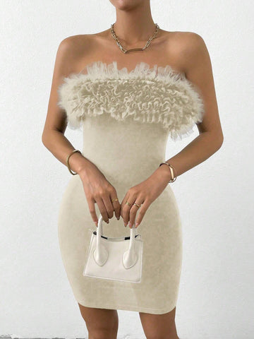 Women Solid Color Mesh Patchwork Ruffle Hem Fitted Strapless Dress