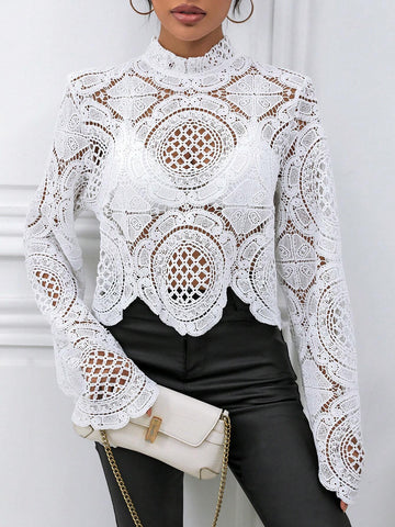 Women Stand Collar Long Sleeve Lace Hollow-Out See-Through Blouse