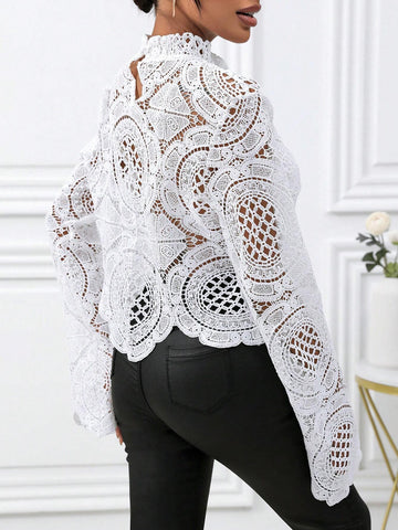 Women Stand Collar Long Sleeve Lace Hollow-Out See-Through Blouse