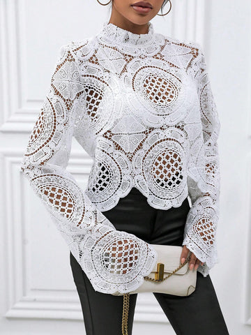 Women Stand Collar Long Sleeve Lace Hollow-Out See-Through Blouse