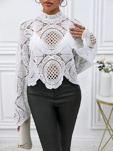 Women Stand Collar Long Sleeve Lace Hollow-Out See-Through Blouse