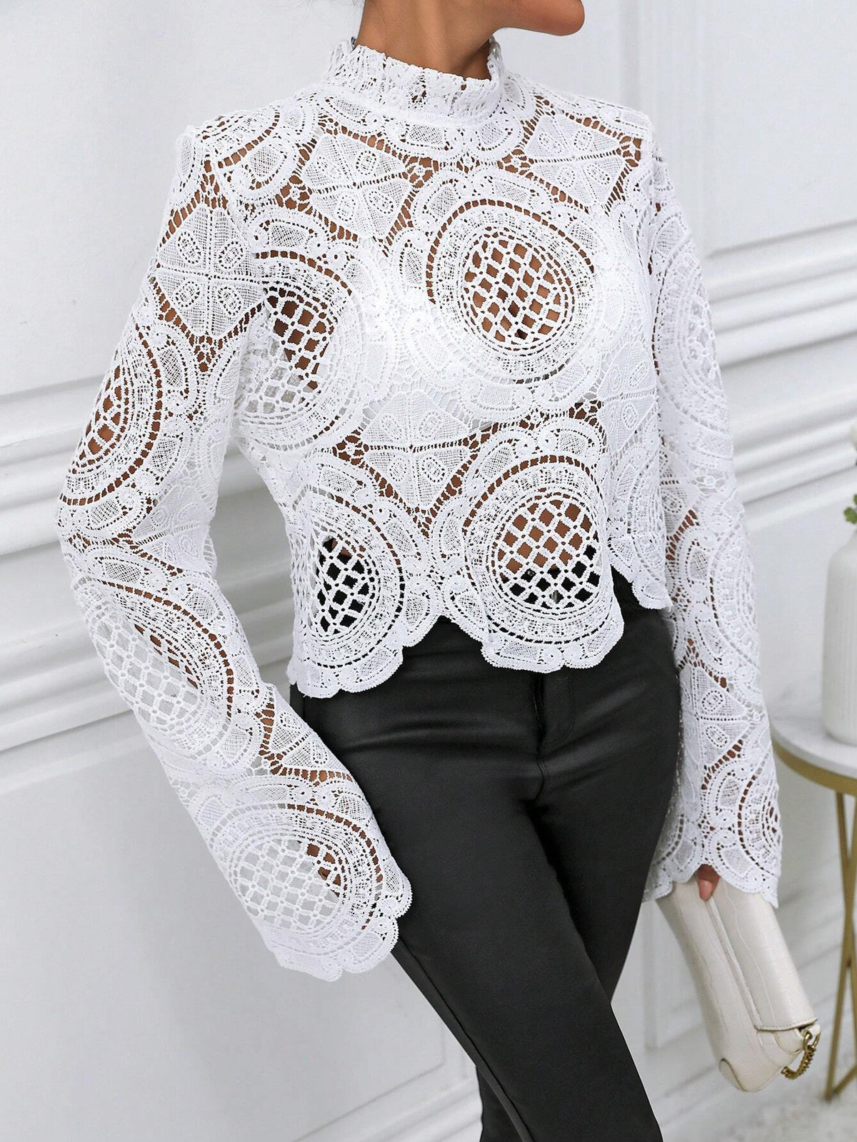 Women Stand Collar Long Sleeve Lace Hollow-Out See-Through Blouse