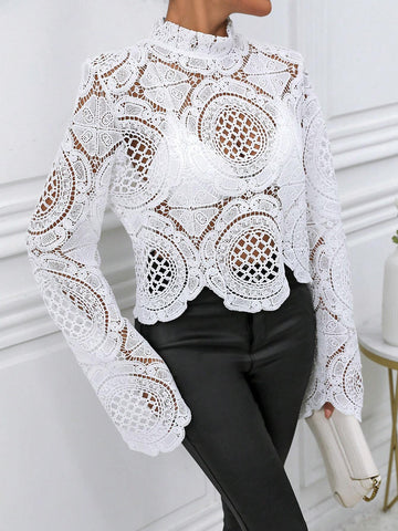 Women Stand Collar Long Sleeve Lace Hollow-Out See-Through Blouse