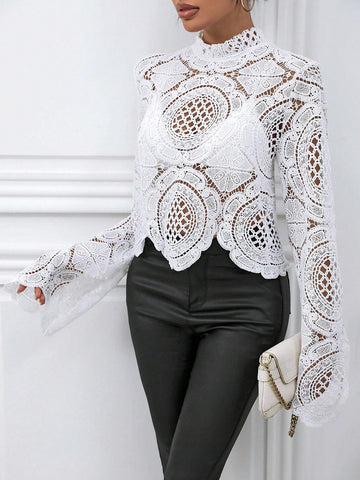 Women Stand Collar Long Sleeve Lace Hollow-Out See-Through Blouse