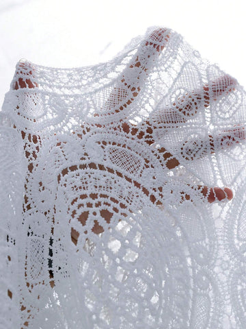 Women Stand Collar Long Sleeve Lace Hollow-Out See-Through Blouse