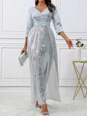 Women V-Neck Sequin Embellished Waist Flare 3/4 Sleeve Jumpsuit