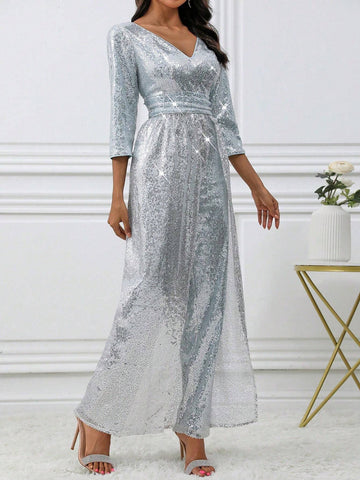 Women V-Neck Sequin Embellished Waist Flare 3/4 Sleeve Jumpsuit