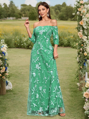 Women's Elegant Off-Shoulder 3/4 Sleeve Mesh Embroidered Dress