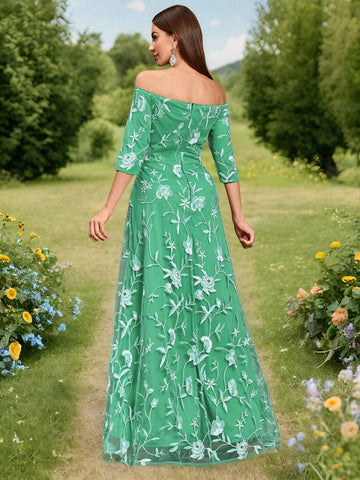 Women's Elegant Off-Shoulder 3/4 Sleeve Mesh Embroidered Dress