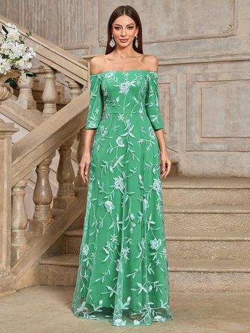 Women's Elegant Off-Shoulder 3/4 Sleeve Mesh Embroidered Dress