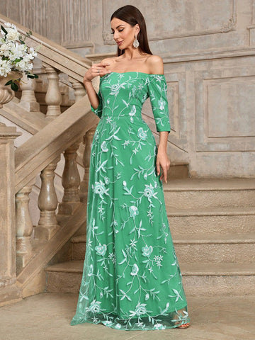 Women's Elegant Off-Shoulder 3/4 Sleeve Mesh Embroidered Dress
