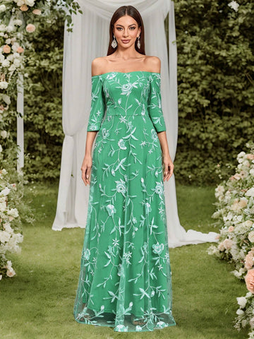 Women's Elegant Off-Shoulder 3/4 Sleeve Mesh Embroidered Dress