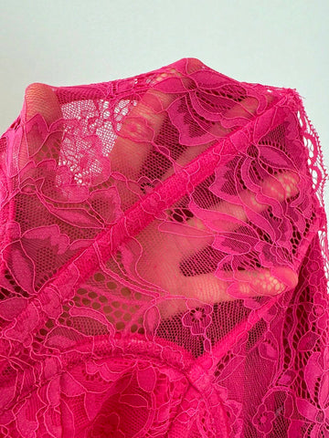 Women's Elegant Solid Color Lace Patchwork Gathered Mini Dress, Autumn