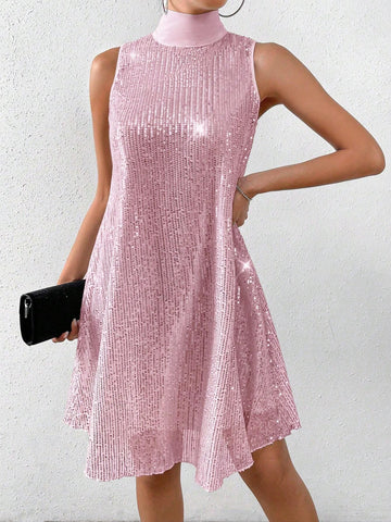 Women's Sequin Embellished Sleeveless High Neck Summer Dress