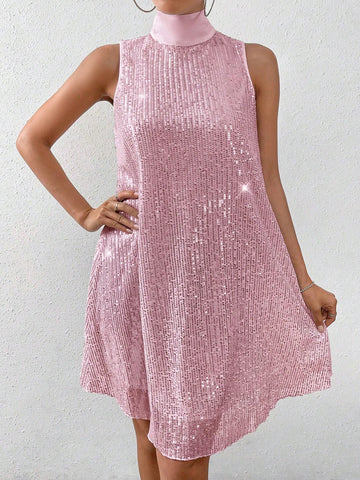 Women's Sequin Embellished Sleeveless High Neck Summer Dress