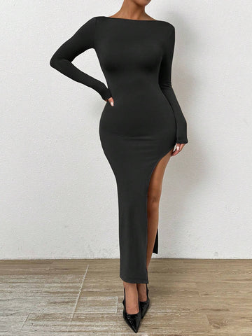 Women's Solid Color Backless Slit Sexy Dress, Spring & Summer