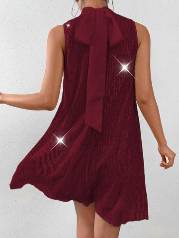Women's Solid Color Sequin Stand Collar Sleeveless Loose Casual Short Dress