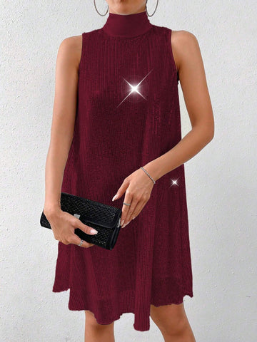 Women's Solid Color Sequin Stand Collar Sleeveless Loose Casual Short Dress