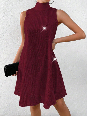 Women's Solid Color Sequin Stand Collar Sleeveless Loose Casual Short Dress
