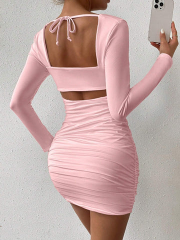 Women's Solid Color Square Neck Long Sleeve Ruched Simpie Short Dress