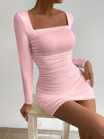 Women's Solid Color Square Neck Long Sleeve Ruched Simpie Short Dress