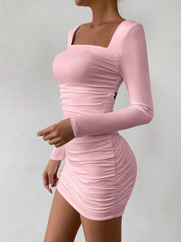 Women's Solid Color Square Neck Long Sleeve Ruched Simpie Short Dress
