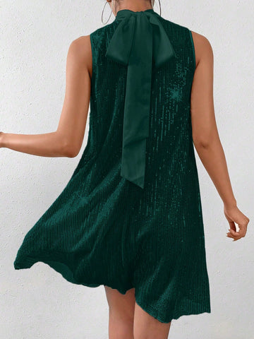 Women's Stand Collar Sleeveless Sequin Decor Casual Mini Dress For New Year Holiday Party