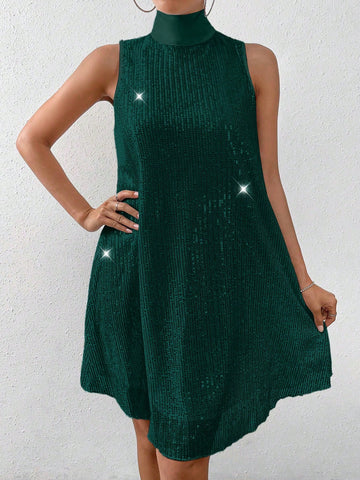 Women's Stand Collar Sleeveless Sequin Decor Casual Mini Dress For New Year Holiday Party