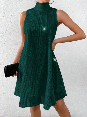 Women's Stand Collar Sleeveless Sequin Decor Casual Mini Dress For New Year Holiday Party