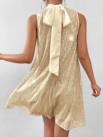 Women's Stand Collar Sleeveless Sequin Decor Casual Mini Dress