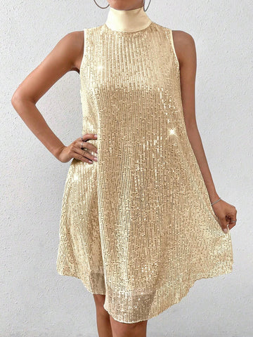 Women's Stand Collar Sleeveless Sequin Decor Casual Mini Dress