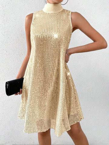 Women's Stand Collar Sleeveless Sequin Decor Casual Mini Dress