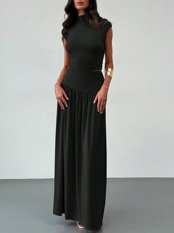 2pcs/Set Elegant Stand Collar Ruched Blouse And High Waist Skirt Set, Business/Casual
