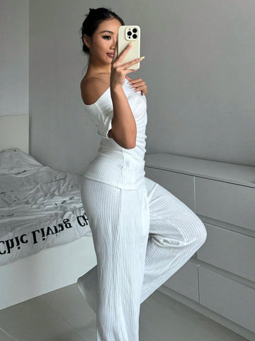 2pcs Set: Elegant Off-Shoulder Gathered Waist T-Shirt & High Waist Elastic Waistband Casual Pants