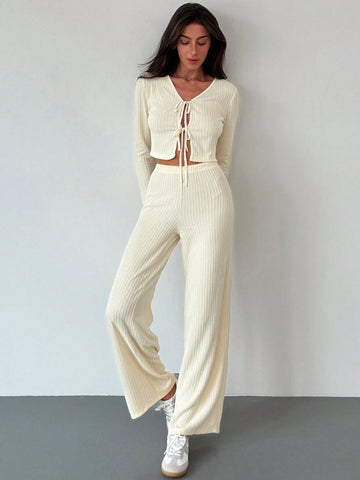 2pcs Set New Style Front Bow Tie Detail Fitted Top And Elastic Waist Straight Pants Suit, Apricot Color, Autumn Winter Versatile