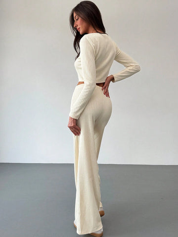 2pcs Set New Style Front Bow Tie Detail Fitted Top And Elastic Waist Straight Pants Suit, Apricot Color, Autumn Winter Versatile