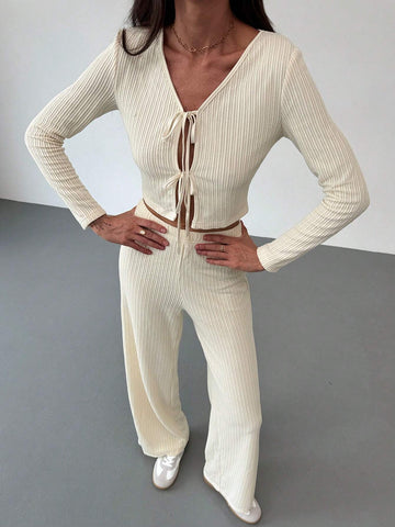 2pcs Set New Style Front Bow Tie Detail Fitted Top And Elastic Waist Straight Pants Suit, Apricot Color, Autumn Winter Versatile