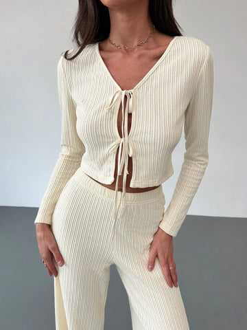 2pcs Set New Style Front Bow Tie Detail Fitted Top And Elastic Waist Straight Pants Suit, Apricot Color, Autumn Winter Versatile