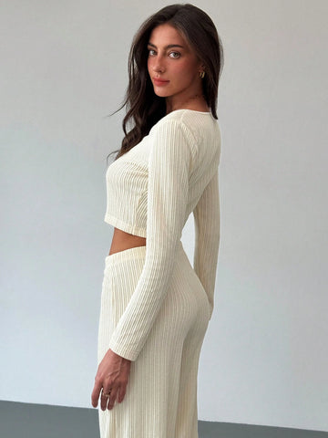 2pcs Set New Style Front Bow Tie Detail Fitted Top And Elastic Waist Straight Pants Suit, Apricot Color, Autumn Winter Versatile