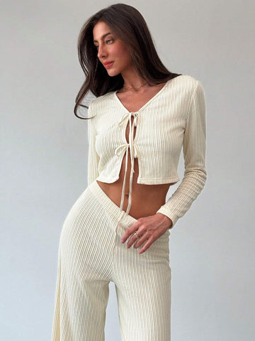 2pcs Set New Style Front Bow Tie Detail Fitted Top And Elastic Waist Straight Pants Suit, Apricot Color, Autumn Winter Versatile