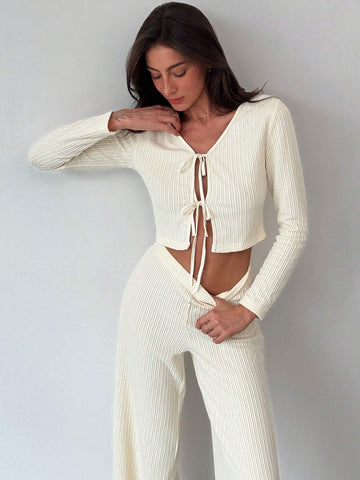 2pcs Set New Style Front Bow Tie Detail Fitted Top And Elastic Waist Straight Pants Suit, Apricot Color, Autumn Winter Versatile