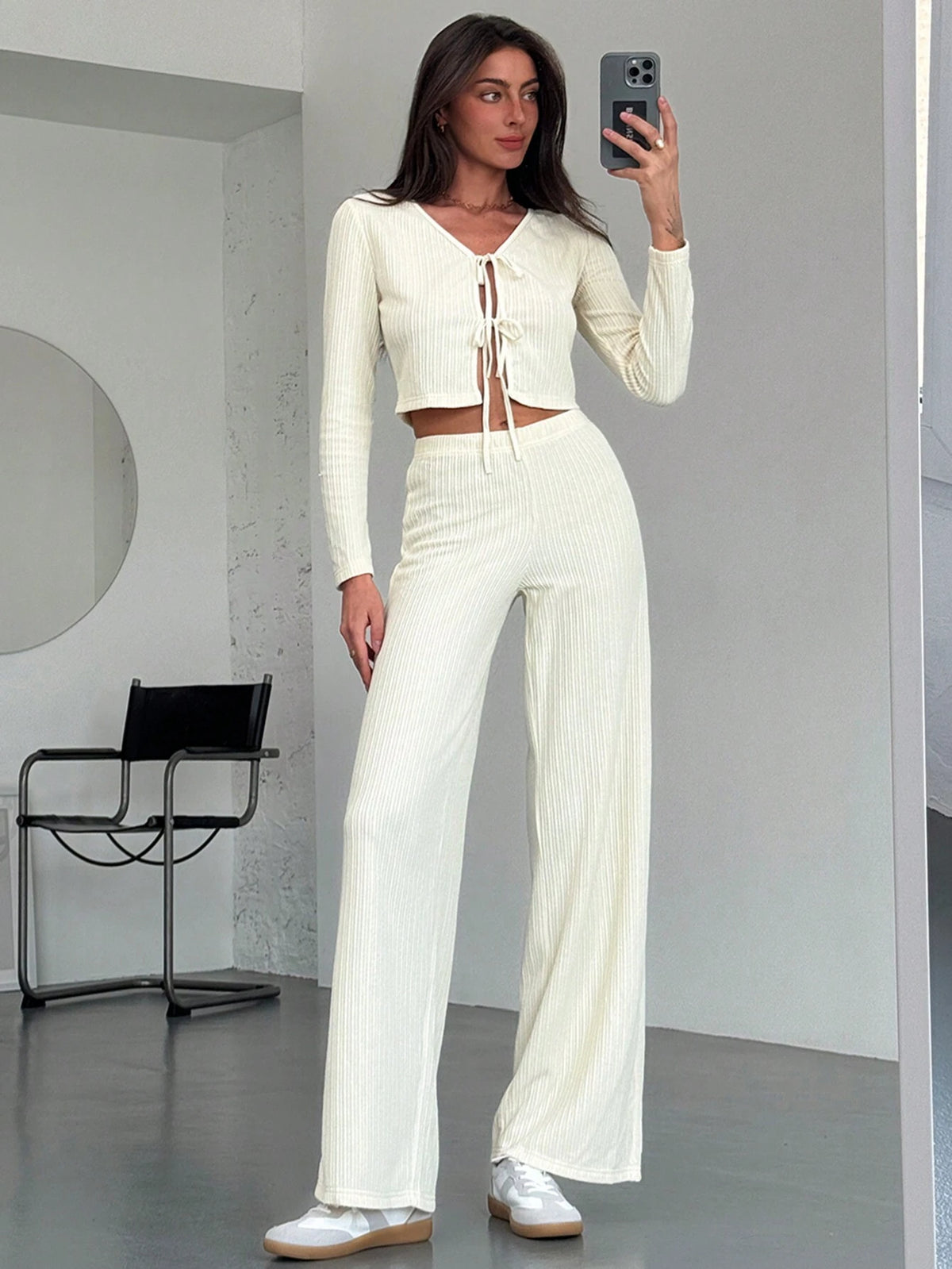 2pcs Set New Style Front Bow Tie Detail Fitted Top And Elastic Waist Straight Pants Suit, Apricot Color, Autumn Winter Versatile