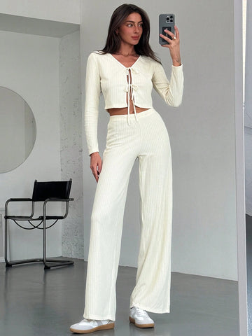 2pcs Set New Style Front Bow Tie Detail Fitted Top And Elastic Waist Straight Pants Suit, Apricot Color, Autumn Winter Versatile