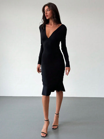 Aloruh Women's Valentine's Day Deep V Neck Long Sleeve Bodycon Ruffle Hem Mini Dress,