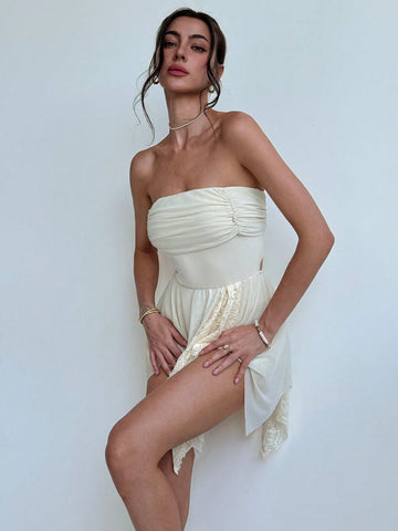Apricot Romantic Short Tight-Fitting Backless Dress With Umbrella Hem For Women's Spring & Summer Date