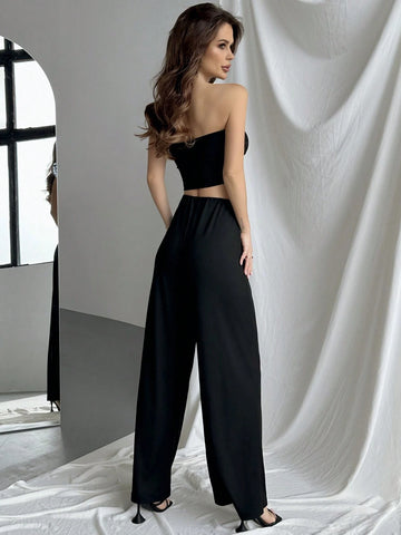 Contrasting Color Spliced Strapless Top And High Waisted Wide Leg Pants Two Piece Set