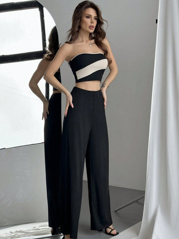 Contrasting Color Spliced Strapless Top And High Waisted Wide Leg Pants Two Piece Set