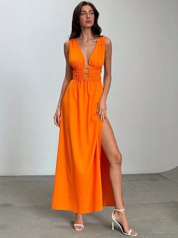 Deep V Neck Sleeveless Cut Out High Slit Waist Slimming Dress, Sexy & Elegant, Spring/Summer
