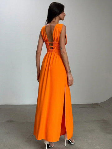 Deep V Neck Sleeveless Cut Out High Slit Waist Slimming Dress, Sexy & Elegant, Spring/Summer