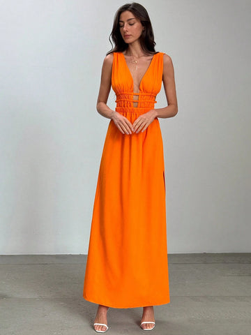 Deep V Neck Sleeveless Cut Out High Slit Waist Slimming Dress, Sexy & Elegant, Spring/Summer
